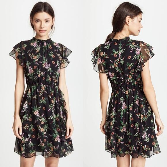 Shoshanna Amora 100% Silk Chiffon Dress Black Floral Ruffle Size 4 Fit & Flare - Picture 1 of 16